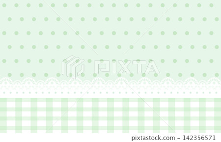 Pastel light green polka dot and gingham background with white eyelet lace trim. Pastel light green polka dot and gingham background with white eyelet lace trim. 142356571