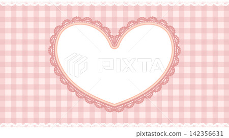 Pastel red gingham background with lacy heart frame and scalloped borders Pastel red gingham background with lacy heart frame and scalloped borders 142356631