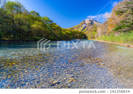 【上高地的秋葉】上高地的秋天：梓川和燒山【長野縣】 142356654