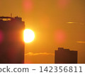 從高崎市觀音山看到的日出：太陽從建築物之間升起，晨曦將城市籠罩在橘色的光芒中。 142356811