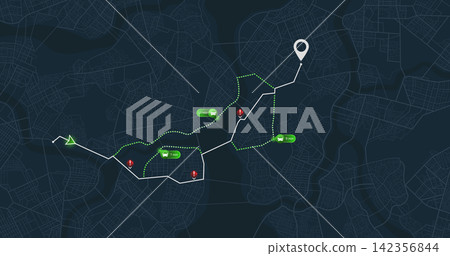 Map of the route with data on the distance, turns of the route. Blocked areas, roads. Abstract map with blocked streets, fenced off sections of the path. Huge view of the city from above. Vector Map of the route with data on the distance, turns of the route. Blocked areas, roads. Abstract map with blocked streets, fenced off sections of the path. Huge view of the city from above. Vector 142356844