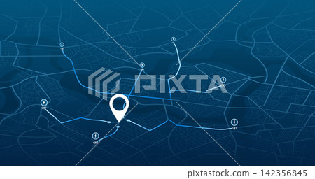 Location EV charging station location mark on gps navigation map a lot with fast supercharger station. Path turns and destination tag or mark. Huge city top view Tracking path, route. vector isometric 142356845