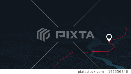 Perspective night map with red navigation path and white destination marker. Vector illustration. Perspective night map with red navigation path and white destination marker. Vector illustration. 142356846