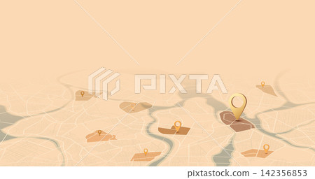 landscape with large golden location pins and river. Vintage style urban geography. Vector illustration. 142356853