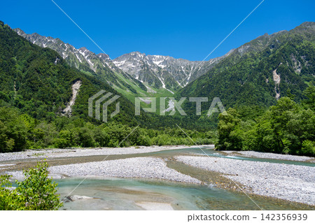 Azusa River and mountain view along Kamikochi trail, Japan Azusa River and mountain view along Kamikochi trail, Japan 142356939