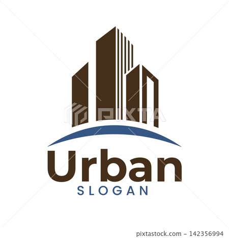 Modern High Rise Building with Swoosh Arch Logo for Urban Real Estate Modern High Rise Building with Swoosh Arch Logo for Urban Real Estate 142356994