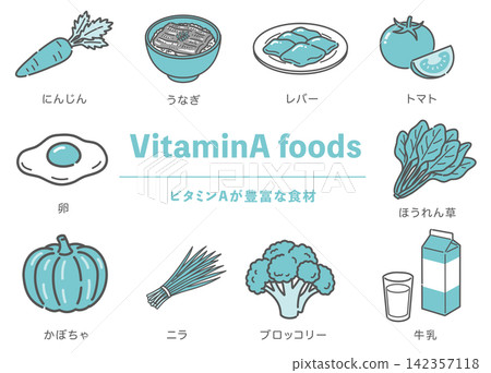 Illustration of a set of foods rich in vitamin A. 142357118