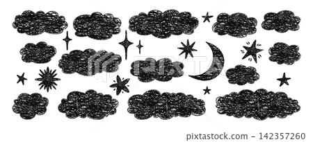 Childish crayon cloud star moon silhouette set fluffy sky chalk pencil texture naive scribble style Childish crayon cloud star moon silhouette set fluffy sky chalk pencil texture naive scribble style 142357260