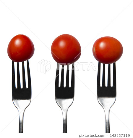 Three forks, each with a single cherry tomato impaled on its tines, Three forks, each with a single cherry tomato impaled on its tines, 142357319