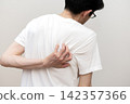 A middle-aged man's back view, showing he suffers from dry skin and itchy back due to heat rash. 142357366