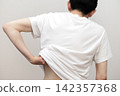 A middle-aged man's back view, showing he suffers from dry skin and itchy back due to heat rash. 142357368
