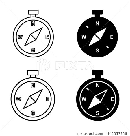 Set of navigation compass icons in black and white styles with directions Set of navigation compass icons in black and white styles with directions 142357736
