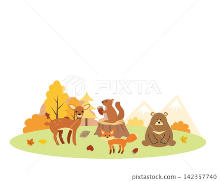 手繪風格的秋季動物和秋葉插圖 142357740