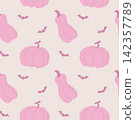 Seamless pattern featuring pink pumpkins and bats in a cute style 142357789