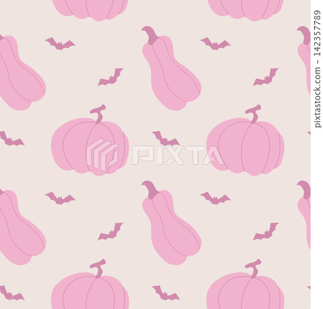 Seamless pattern featuring pink pumpkins and bats in a cute style Seamless pattern featuring pink pumpkins and bats in a cute style 142357789
