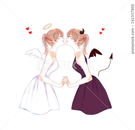An angel and a devil facing each other and holding hands. 142357808