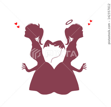 Angel and devil back to back, heart silhouette Angel and devil back to back, heart silhouette 142357812