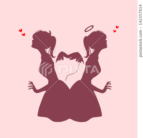 Angel and devil back to back, heart silhouette Angel and devil back to back, heart silhouette 142357814