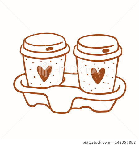 Two takeaway coffee cups in holder line art Two takeaway coffee cups in holder line art 142357898
