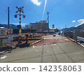 Blue sky and Japanese scenery: A rural railway crossing with the barrier down. Blue sky and Japanese scenery: A rural railway crossing with the barrier down. 142358063