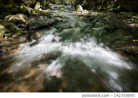 A waterfall leading to the Kikuchi Gorge with a clear stream flowing through nature A waterfall leading to the Kikuchi Gorge with a clear stream flowing through nature 142358093
