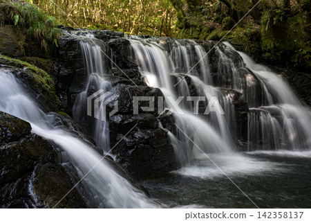 A waterfall leading to the Kikuchi Gorge with a clear stream flowing through nature A waterfall leading to the Kikuchi Gorge with a clear stream flowing through nature 142358137