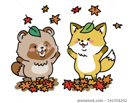 Cute raccoons and foxes enjoying the autumn foliage. Cute raccoons and foxes enjoying the autumn foliage. 142358202