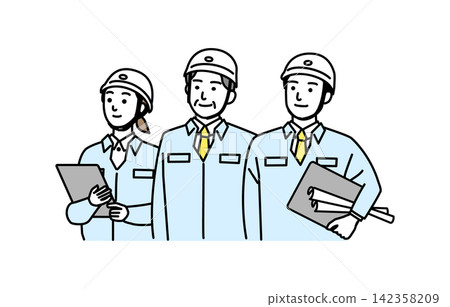 Male and female staff members standing side by side, facing forward. 142358209