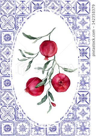 Hand painted watercolor illustration of red pomegranate fruits on a leafy green branch, beautifully framed by a decorative oval border made of blue and white traditional-style tiles. Hand painted watercolor illustration of red pomegranate fruits on a leafy green branch, beautifully framed by a decorative oval border made of blue and white traditional-style tiles. 142358379
