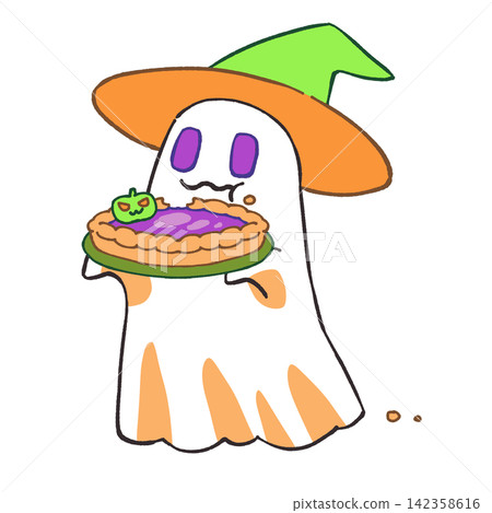 An illustration of a ghost eating Halloween candy An illustration of a ghost eating Halloween candy 142358616