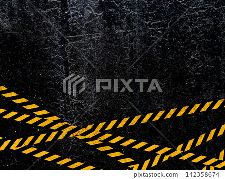 Yellow and black warning tape with a no-entry/danger image, a dark texture background, concrete walls, and hazard tape. Yellow and black warning tape with a no-entry/danger image, a dark texture background, concrete walls, and hazard tape. 142358674