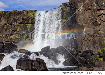 Natural rainbow touching waterfall spray at Oxararfoss, Thingvellir National Park, Iceland Natural rainbow touching waterfall spray at Oxararfoss, Thingvellir National Park, Iceland 142358722