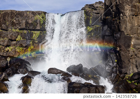 Natural rainbow crossing bright spray above the Oxararfoss lower pool, Thingvellir, Iceland Natural rainbow crossing bright spray above the Oxararfoss lower pool, Thingvellir, Iceland 142358726