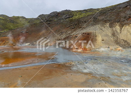 Seltun geothermal area with ochre earth around a smooth grey mud pool, Reykjanes, Iceland Seltun geothermal area with ochre earth around a smooth grey mud pool, Reykjanes, Iceland 142358767