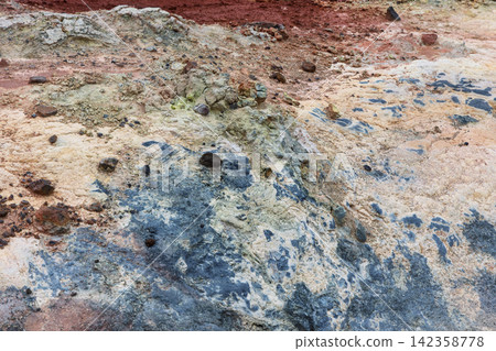 Seltun with blue, white, and red mineral deposits in close detail, Reykjanes Peninsula, Iceland Seltun with blue, white, and red mineral deposits in close detail, Reykjanes Peninsula, Iceland 142358778