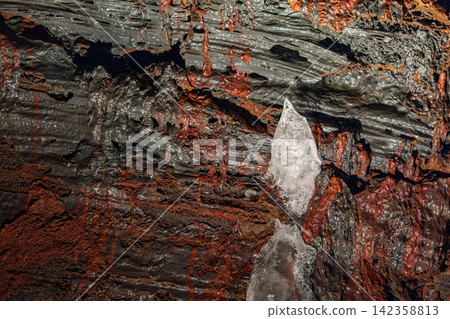 Cooled lava with small ice accents interrupting the rough surface, Raufarholshellir, Iceland Cooled lava with small ice accents interrupting the rough surface, Raufarholshellir, Iceland 142358813