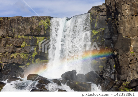 Oxararfoss waterfall dropping through a narrow basalt notch in sunlight, Thingvellir, Iceland Oxararfoss waterfall dropping through a narrow basalt notch in sunlight, Thingvellir, Iceland 142358861