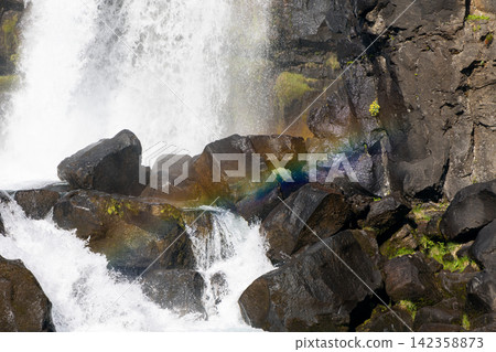 Oxararfoss dropping over angular basalt into a shadowed basin, Thingvellir, Iceland Oxararfoss dropping over angular basalt into a shadowed basin, Thingvellir, Iceland 142358873