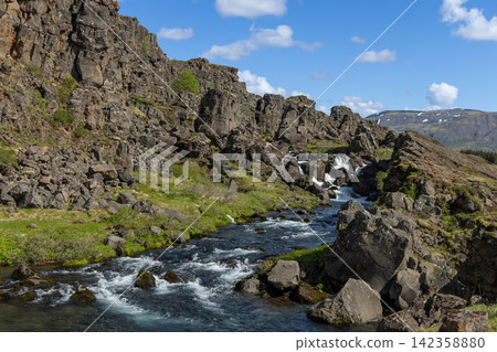 Oxara River crossing layered rock shelves below green slopes, Thingvellir, Iceland Oxara River crossing layered rock shelves below green slopes, Thingvellir, Iceland 142358880
