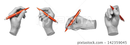 Set of gray hand contemporary art style holding orange ballpoint pen, isolated on transparent background. Perfect for business, office design, stationery projects, and modern art concepts Set of gray hand contemporary art style holding orange ballpoint pen, isolated on transparent background. Perfect for business, office design, stationery projects, and modern art concepts 142359045