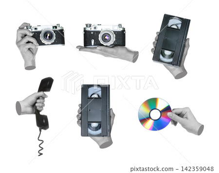 Set of gray hands holding a retro camera, VHS cassette and retro telephone handset isolated on transparent background, contemporary art style. Concepts of nostalgia, analog media and communication Set of gray hands holding a retro camera, VHS cassette and retro telephone handset isolated on transparent background, contemporary art style. Concepts of nostalgia, analog media and communication 142359048