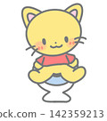 A cheerful, smiling kitten sits on the toilet by itself during toilet training. 142359213