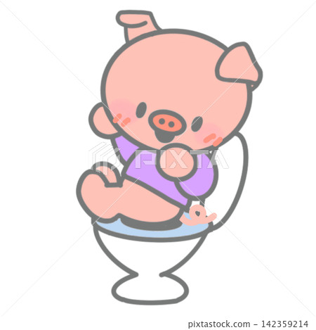 A cheerful baby piglet sits on the toilet by itself, smiling. Toilet training. A cheerful baby piglet sits on the toilet by itself, smiling. Toilet training. 142359214