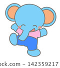 A lively baby elephant in a pink outfit raises both hands in joy. 142359217