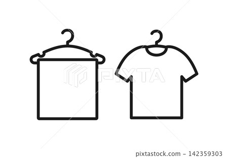 Set of 2 line art icons of a T-shirt and a towel in the laundry. Set of 2 line art icons of a T-shirt and a towel in the laundry. 142359303