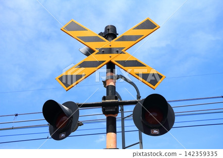 Blue sky and railroad crossing Blue sky and railroad crossing 142359335