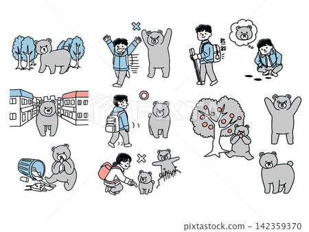 A set of illustrations showing bear sightings and precautions to take when encountering a bear. A set of illustrations showing bear sightings and precautions to take when encountering a bear. 142359370