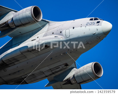 A powerful shot of a C-2 transport aircraft from directly below, Iruma, 2024. A powerful shot of a C-2 transport aircraft from directly below, Iruma, 2024. 142359579