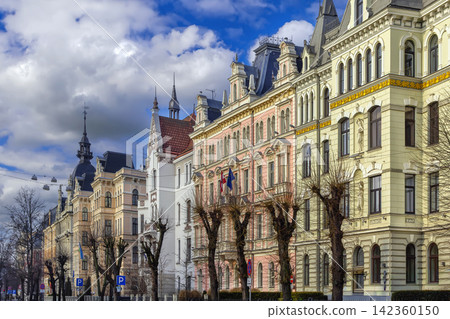 General view of beautiful houses and historic architecture on Elizabetes street in Riga, Latvia. Art Nouveau district General view of beautiful houses and historic architecture on Elizabetes street in Riga, Latvia. Art Nouveau district 142360150