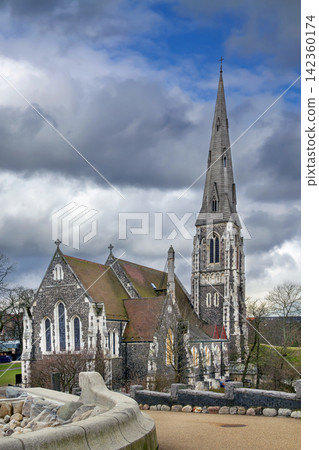 St. Albans Anglican Church and Gefion Fountain base in Copenhagen, Denmark. Gothic Revival architecture in Churchill Park St. Albans Anglican Church and Gefion Fountain base in Copenhagen, Denmark. Gothic Revival architecture in Churchill Park 142360174